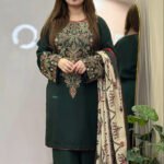 Dhanak Fabric - 3 Piece Unstitched Fully Embroidered Dress With Printed Shawl BQ 3075