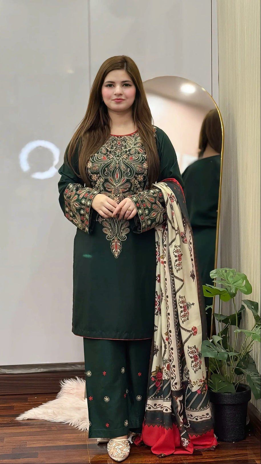 rn-image_picker_lib_temp_26e74a06-5a8c-4d6b-90f5-bbfcaca9ee79.jpg Dhanak Fabric - 3 Piece Unstitched Fully Embroidered Dress With Printed Shawl BQ 3075 - Image 1